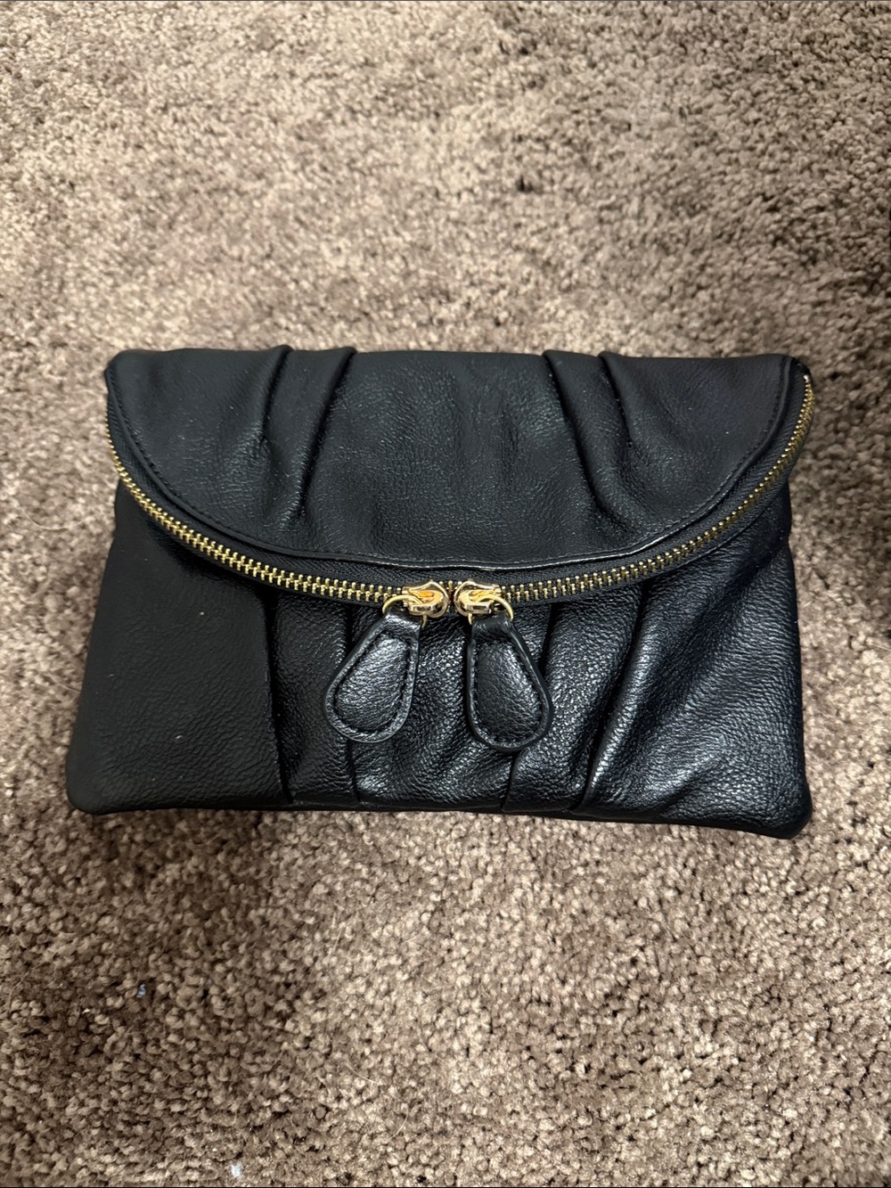 Black Leather Fold-Over Clutch with Gold Zip